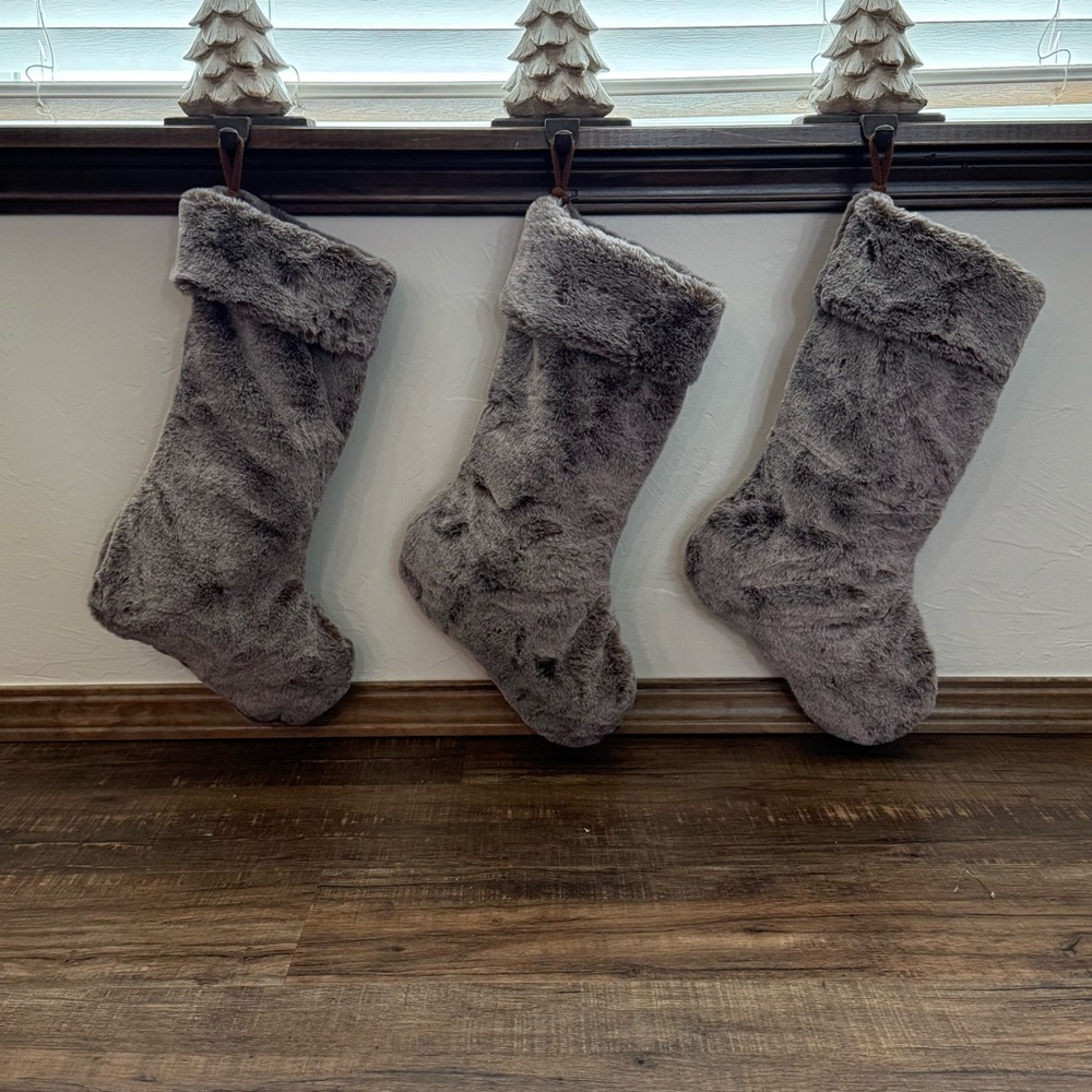 Set of 3 Gray Faux Fur Christmas Holiday Stockings